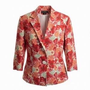 Norton McNaughton Floral Three Button Blazer Linen Blend 3/4 Sleeve